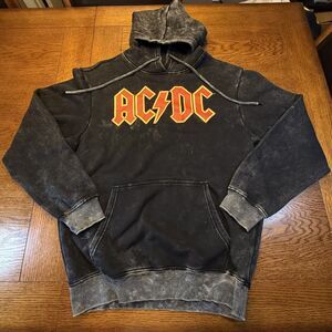AC/DC Rock Band Black Acid Mineral Wash Hoodie Sweatshirt Size M Long Sleeve